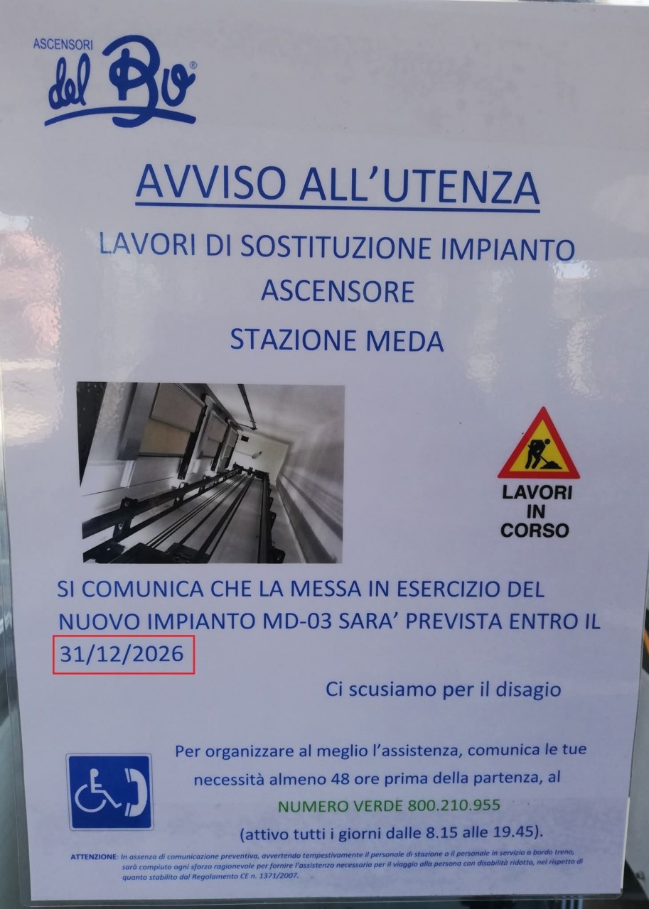 Ascensori della stazione di Meda chiusi dal 22 settembre: il sindaco e i capigruppo scrivono a Ferrovie Nord